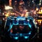 Joystick close up in midnight gaming, blue themed video game setting, engaging in virtual fun