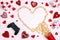 Joystick  popcorn heart  gifts and candles on white background with copy space