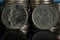 Juan Carlos I King of Spain 1980 Francisco Franco Five Pesetas Coin 1957 Obverse Close Up Stacks Black Background Macro