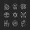 Judaism symbols chalk white icons set on black background