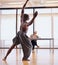 Judge, dancer and ballet in audition for creativity, performance with energy and movement in studio. Dancing, action and