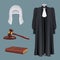 Judge equipment. Law and justice realistic symbols prosecutor court decision rights hammer hairpiece gavel tie agreement