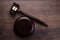 Judge gavel on brown wooden background