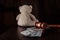 Judge gavel, dollar banknotes and teddy bear as a symbol child`s rights. Divorce and alimony concept