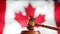 A judge gavel with a flag of Canada on background. Close up of wooden hammer and legal lawyer books or codex. Sentence