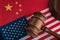 Judge gavel on the flag of the US and China. Trade war between China and the United States. Legal fight