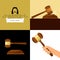 Judge gavel. Legal hammer cartoon vector illustration, adjudicator gavel in hand