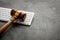 Judge gavel near keyboard - desk of contemporary lawyer - on grey background copy space
