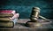 Judge gavel, old books and reading glasses on a wooden table, black board background. 3d illustration