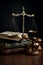 Judge gavel, old books and scales on a wooden table, justice symbols for balance and power in law and court AI generated