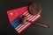 Judge gavel over US flag and China. Relationship between America and China