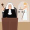 Judge in mantle with lady justice at background vector cartoon