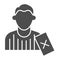 Judge and penalty proof solid icon. Soccer or football referee with red card symbol, glyph style pictogram on white