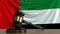 Judge`s gavel and block against the flag of the United Arab Emirates. UAE court conceptual 3D rendering