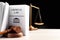 Judge`s gavel, Criminal Law book and scales on table against black background. Space for text