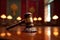 Judge\\\'s gavel resting on desk, with blurry background. Concept of legal and justice-related designs, courtroom scenes, and