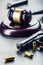 Judge\'s hammer gavel. Justice and gun. Justice and the judiciary in the unlawful use of of weapons. Judgment in murder