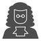 Judge in a wig solid icon. A lawyer with peruke and glasses. Jurisprudence design concept, glyph style pictogram on