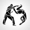 Judo fighters round pictogram or logo. Martial arts icon