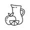 Jug with apple and citrus slice. Linear icon of fresh fruit juice. Black illustration of healthy diet drink, homemade vitamin