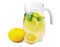 A jug of lemonade with fresh mint and bright yellow lemons. Fresh lemonade with lemons and mint, isolated on white background.