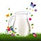 Jug With Milk And Grass And Flowers White Background