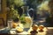 Jug of refreshing homemade lemonade made of fresh lemon fruits on wooden table under the tree in the garden at summer. Generative