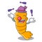 Juggling steamed fresh raw shrimp on mascot cartoon