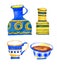 Jugs, cup, and bowl. The blue pattern.Watercolor.