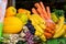 Juice bar background concept. Fresh exotic fruits wall Juicing Fresh Pomegranates Market Stall