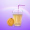 The juice and fresh apricot, Mockup Filled Disposable Plastic Cup With Lid And Straw. Orange, Apricot Fresh Drink. Yellow, Orange