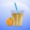 The juice and fresh apricot, Mockup Filled Disposable Plastic Cup With Straw. Orange, Apricot Fresh Drink. Yellow, Orange Juice.