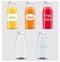 Juice products ad. Vector 3d illustration. Bottles template design. Fruit juice brand packages advertisement poster