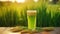 juice from wheatgrass, in a glass glass. healthy nutrition. Generative AI
