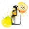 Juicer with apple. Apple juice with juicer and splashes, sketch hand draw illustration with watercolor elements