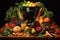 juicer surrounded by colorful fruits and vegetables