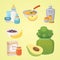 Juices and purees from apples for baby. cartoon products set.