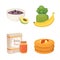 Juices and purees from green apples and broccoli for baby. food for baby cartoon products set.