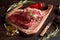 Juicy, aged meat ribeye steak on a cutting board with rosemary, onions, olive oil, peas, garlic, red chili peppers