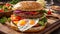Juicy appetizing burger sesame seeds, a beef , fried egg and vegetables cooked american