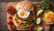 Juicy appetizing burger sesame seeds, a beef , meal closeup egg and vegetables cooked american