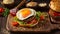 Juicy appetizing burger sesame seeds, a cutlet, fried egg and vegetables