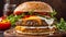 Juicy appetizing burger sesame seeds, a cutlet, fried egg and vegetables cooked