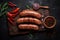 Juicy appetizing grilled sausages on a cutting board in the kitchen. Generative ai