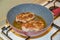 Juicy appetizing pork steaks in a frying pan