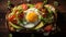 Juicy avocado toast topped with tomato slices and a sunny-side-up egg. A healthy keto breakfast with protein and fat