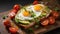 Juicy avocado toast topped with tomato slices and a sunny-side-up egg. A healthy keto breakfast with protein and fat