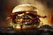 A juicy bacon cheeseburger against a fiery backdrop, on charred wood, evokes a grilled essence and tantalizing appeal, ai