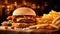 Juicy bacon cheeseburger with french fries on wooden table