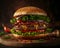 Juicy beef burger with crispy bacon and vegetables on a wooden board with processed cheese, tomatoes, greens and onions, sprinkled